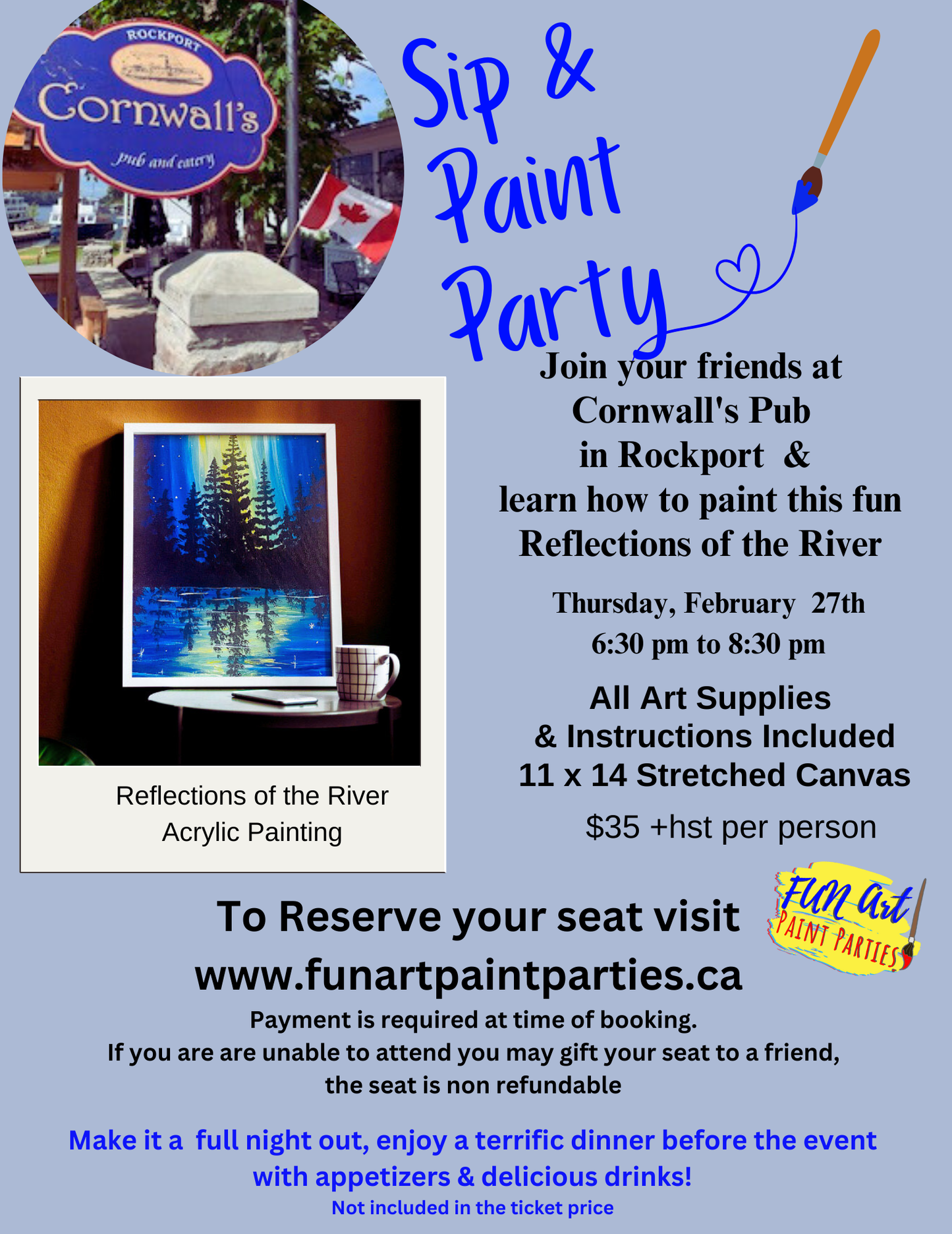 Cornwall's Pub Sip & Paint Party Thursday February 27th, 2025